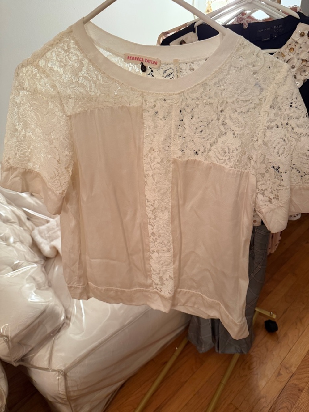 Rebecca Taylor Ivory Lace-Panel Short Sleeve Top